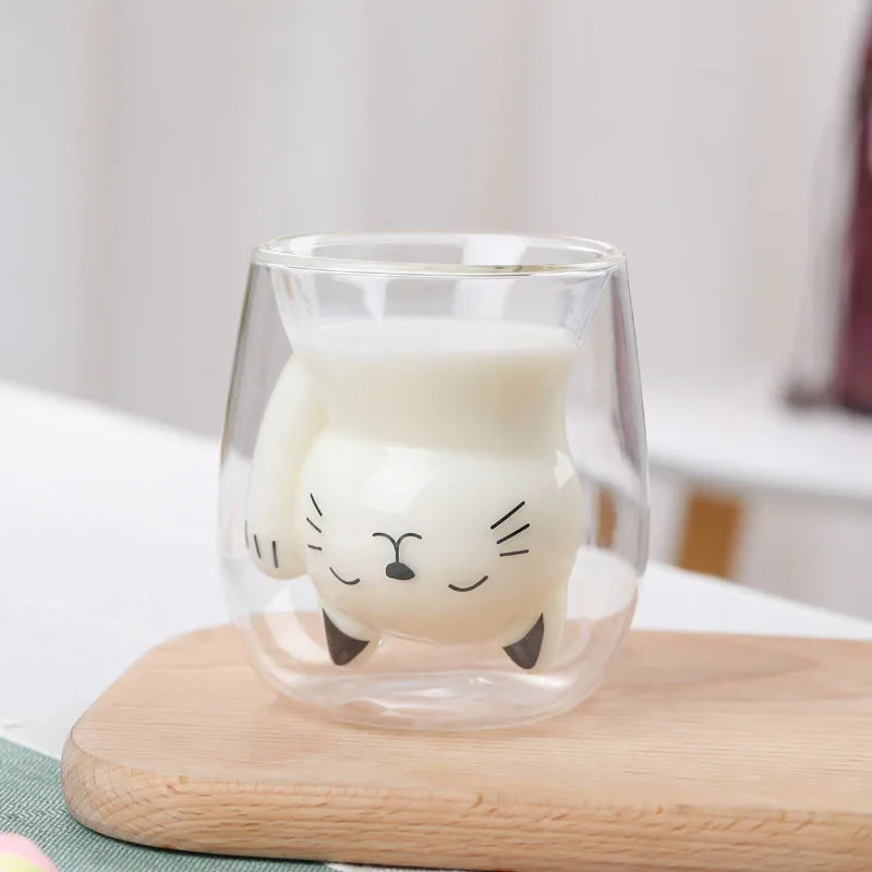 250ml Cute Cat Shaped Glass Coffee Mug Insulated Coffee Breakfast Cat Paw Milk Cup Water Cups Summer Winter Drinkware