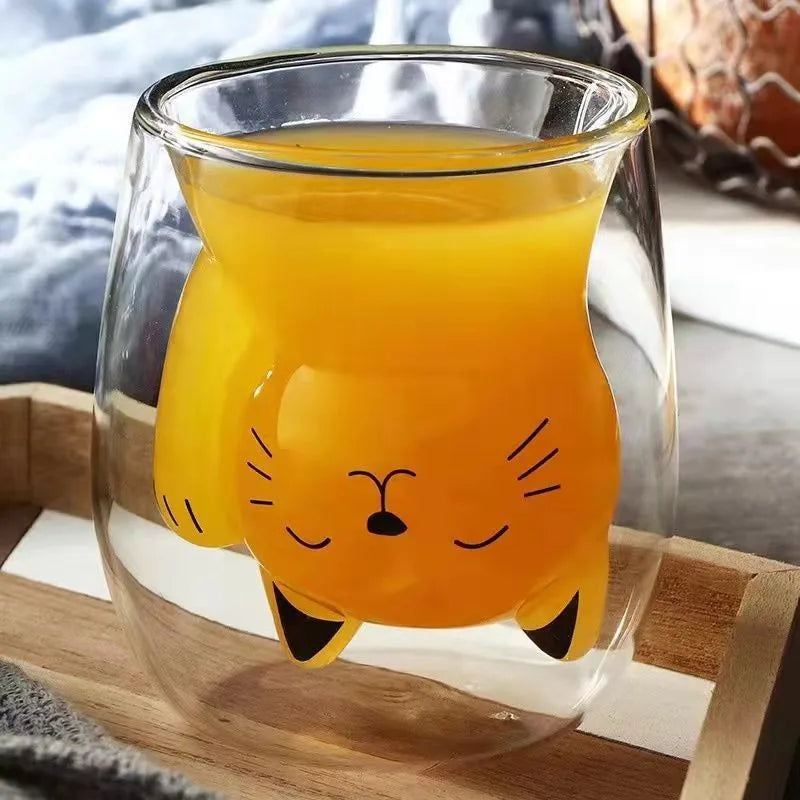 250ml Cute Cat Shaped Glass Coffee Mug Insulated Coffee Breakfast Cat Paw Milk Cup Water Cups Summer Winter Drinkware